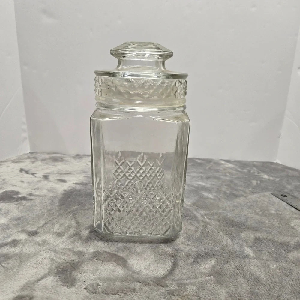Vintage Koeze's Glass Apothecary Jar Clear Diamond Pattern Canister with Lid 8in